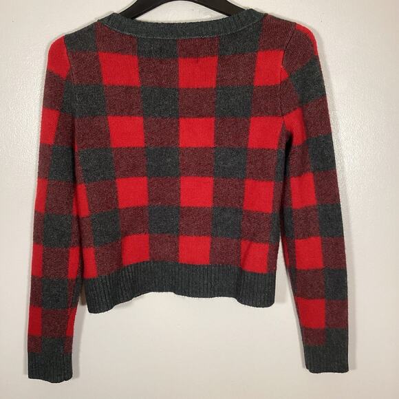 American Eagle Red Grey Plaid Buffalo Check Button Cardigan Large Fall Thick - Picture 4 of 7